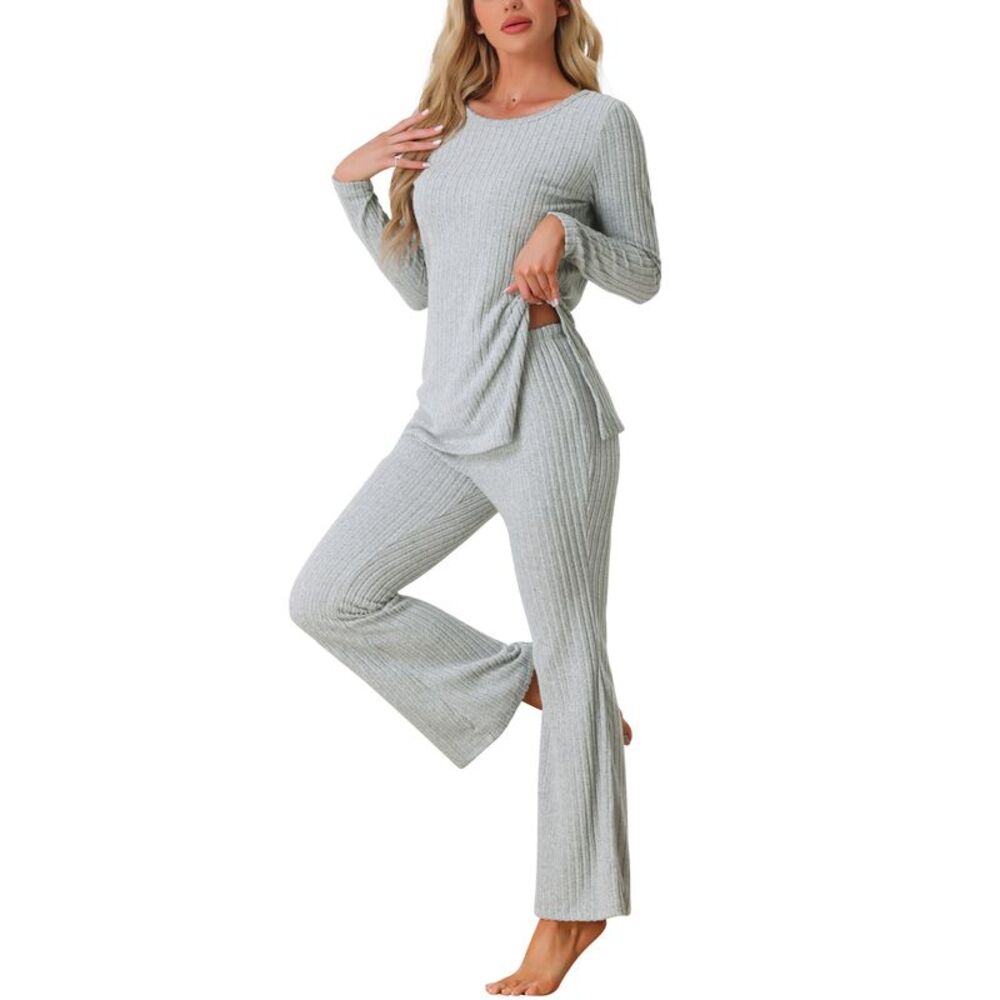 Ribbed Knit Long Sleeves Top and Pants Pajama Two Piece Matching Set Gray